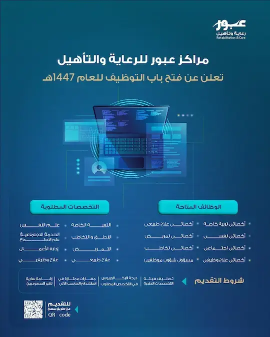 إعلان 8 وظائف شاغرة في مراكز عبور للرعاية للرجال والنساء 1447هـ