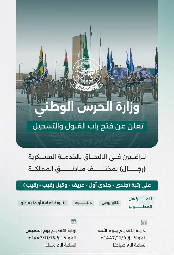 إعلان وظائف عسكرية في وزارة الحرس الوطني 1447هـ – جميع مناطق المملكة