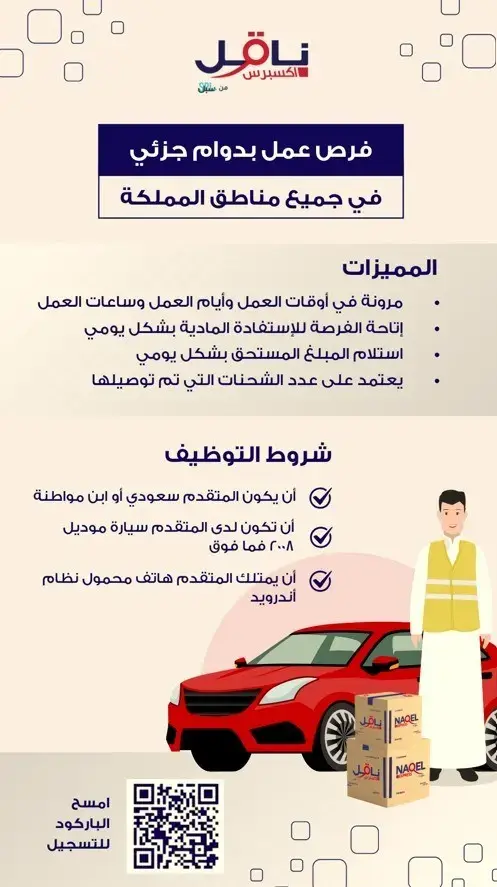 إعلان وظائف بدوام جزئي في شركة ناقل إكسبرس في جميع مناطق المملكة