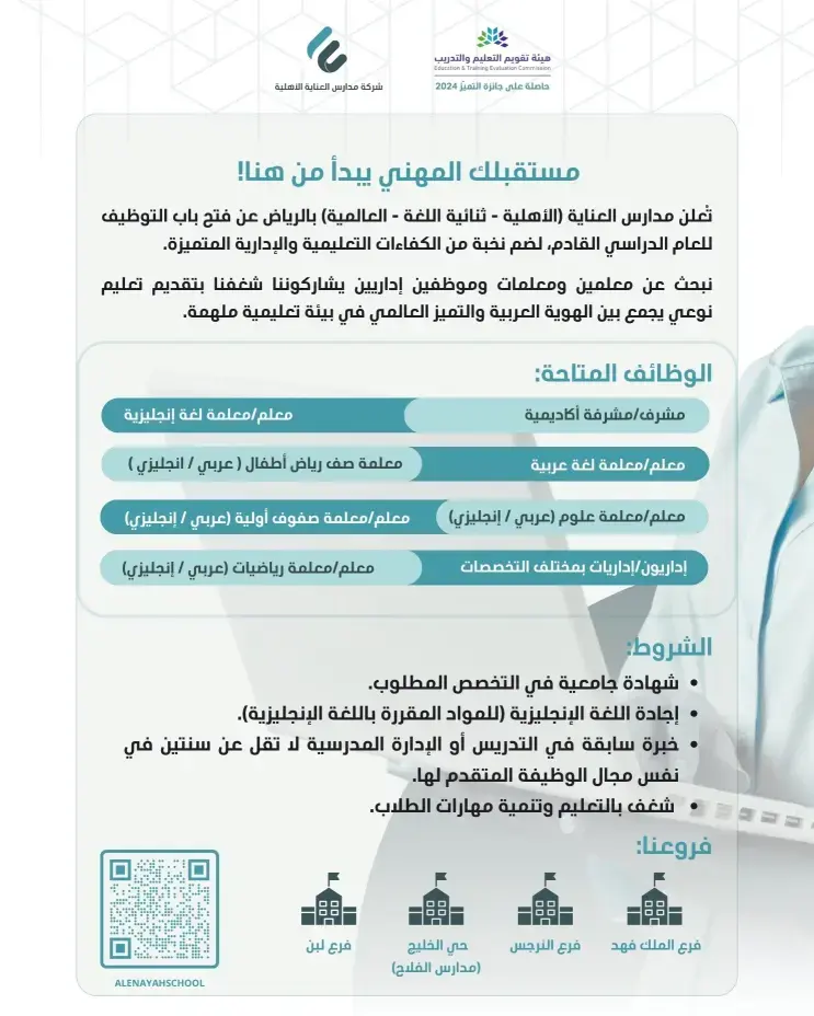 إعلان وظائف تعليمية وإدارية في مدارس العناية بالرياض للعام الدراسي 1447هـ
