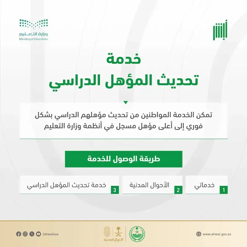 الأحوال المدنية تطلق خدمة تعديل المؤهل الدراسي إلكترونيًا عبر منصة أبشر