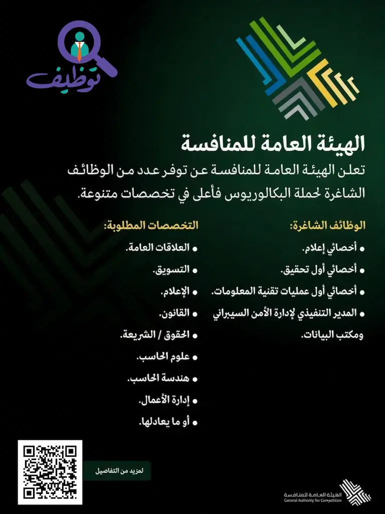 الهيئة العامة للمنافسة تعلن (5) وظائف شاغرة لحملة البكالوريوس فأعلى