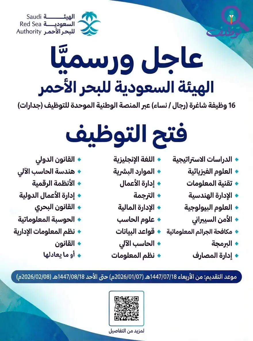 الهيئة السعودية للبحر الأحمر تعلن (16) وظيفة إدارية وقيادية عبر جدارات بالرياض