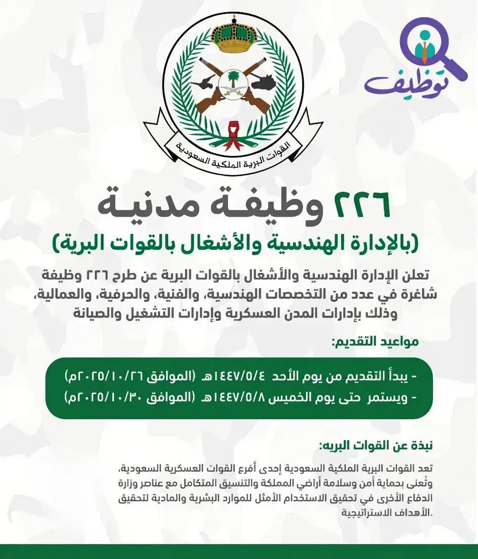 القوات البرية تعلن 226 وظيفة شاغرة متنوعة للرجال والنساء عبر (جدارات)