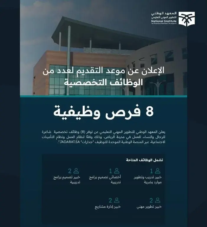 المعهد الوطني للتطوير المهني التعليمي يعلن وظائف شاغرة عبر منصة جدارات