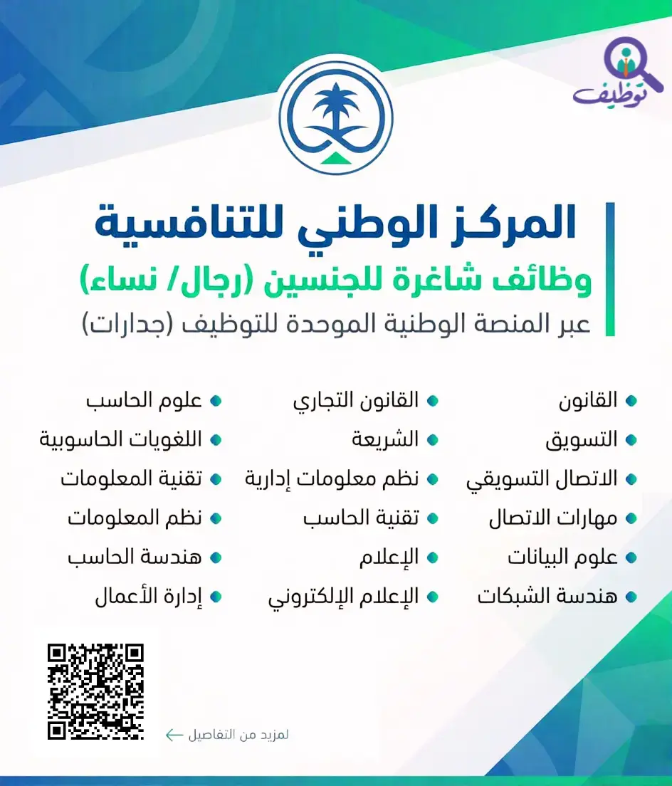 المركز الوطني للتنافسية يعلن 7 وظائف حكومية شاغرة عبر منصة جدارات