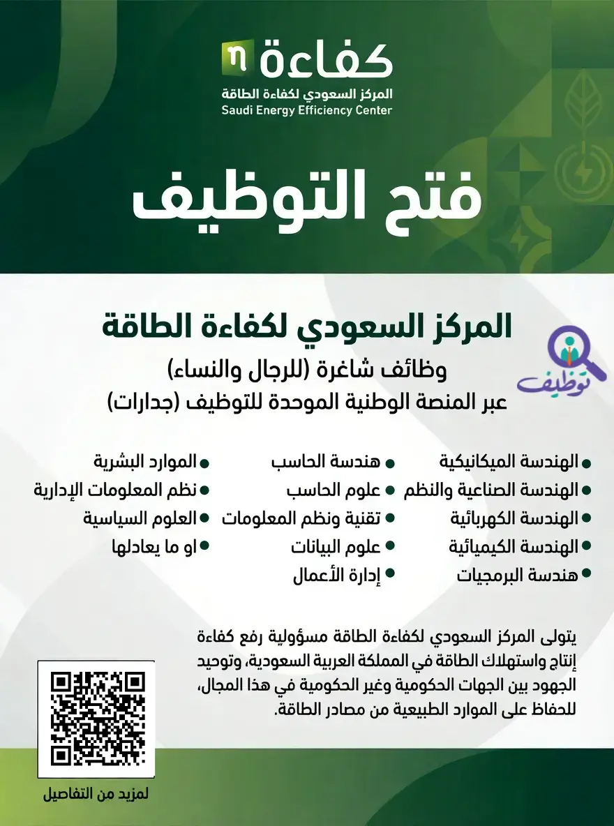 المركز السعودي لكفاءة الطاقة يعلن (7) وظائف شاغرة عبر منصة جدارات للجنسين