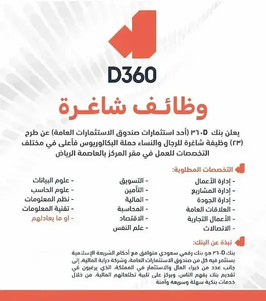 بنك D360 يعلن عن 8 وظائف شاغرة للجنسين حملة البكالوريوس في الرياض