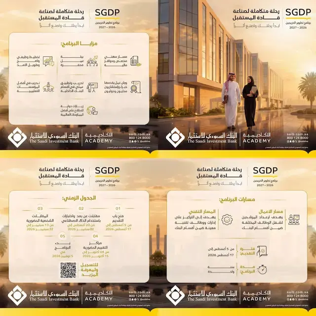 بنك السعودي للاستثمار يعلن برنامج تطوير الخريجين (SGDP 2026-2027) لحديثي التخرج