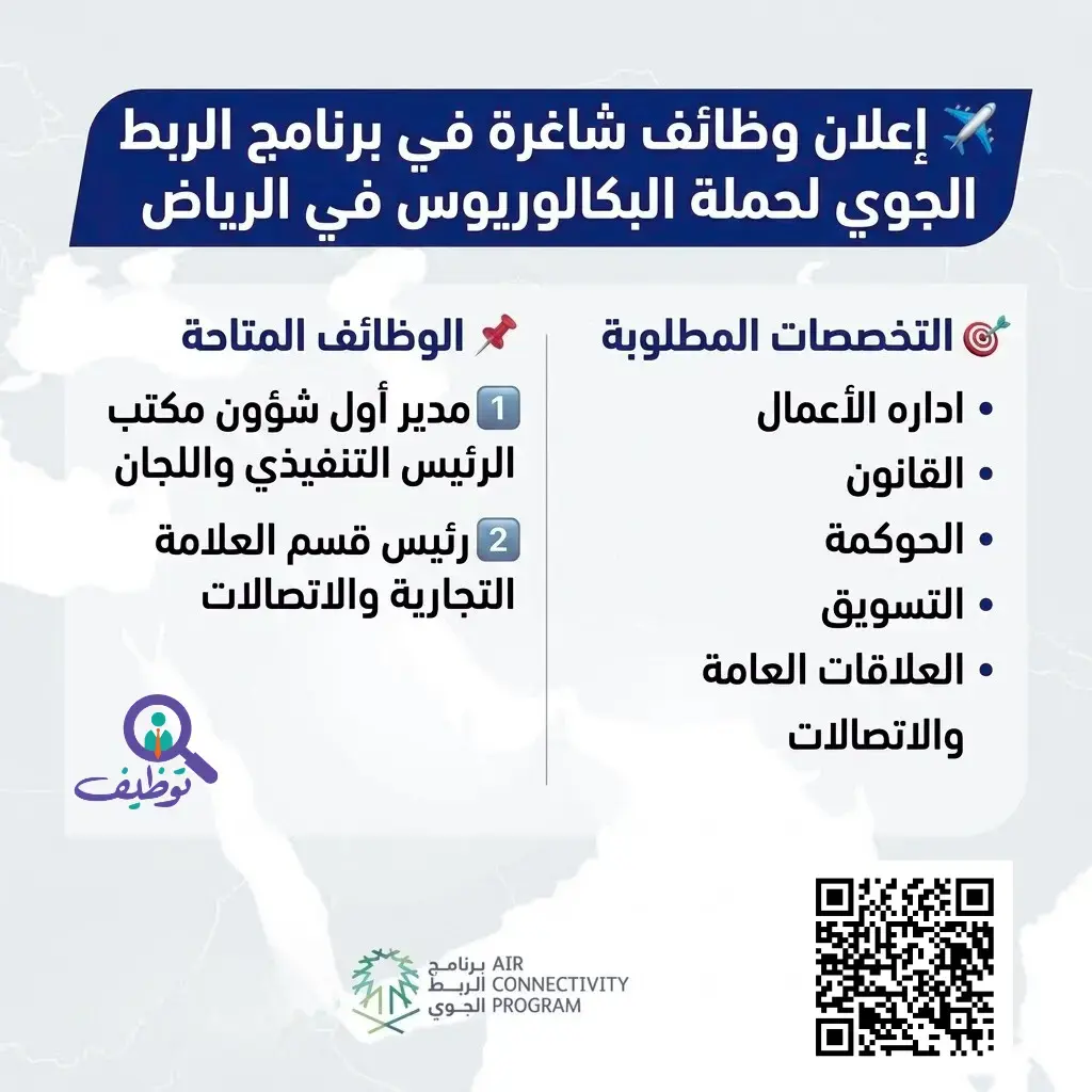 برنامج الربط الجوي يعلن وظائف إدارية وقانونية لحملة البكالوريوس