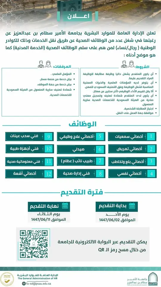 جامعة الأمير سطام تعلن وظائف صحية عبر نقل الخدمات للرجال والنساء