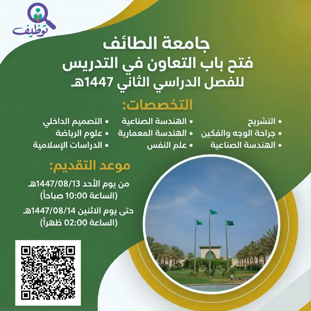 جامعة الطائف تعلن وظائف أكاديمية بنظام التعاون لحملة الماجستير