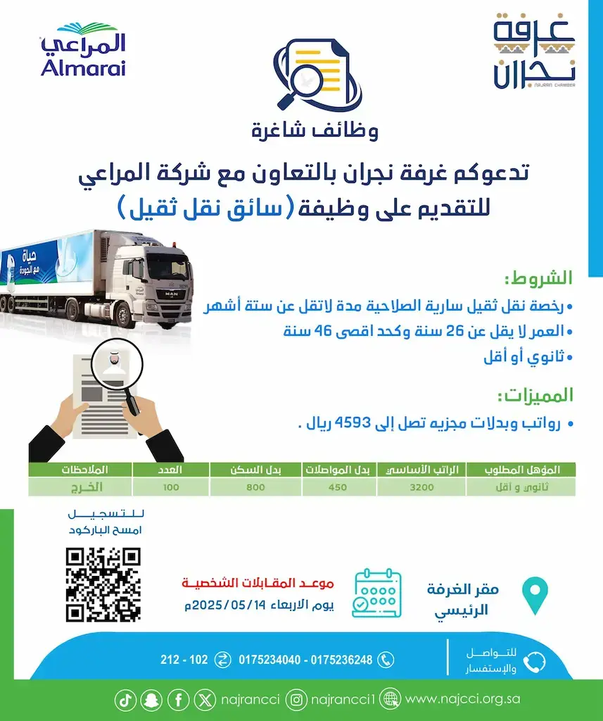 شركة المراعي تعلن عن 100 وظيفة سائق نقل ثقيل براتب 4593 ريال