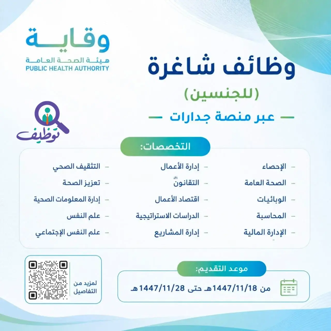 هيئة الصحة العامة (وقاية) تعلن 7 وظائف شاغرة للجنسين عبر جدارات بالرياض