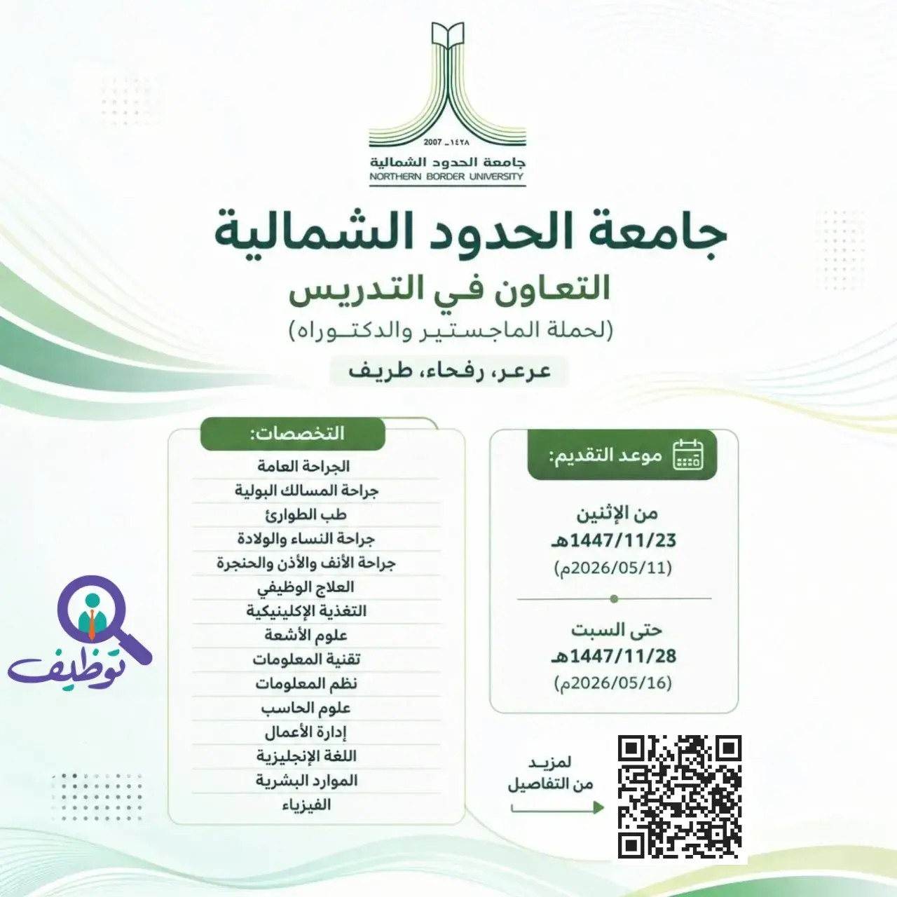 جامعة الحدود الشمالية تعلن 30 وظيفة أكاديمية لحملة الماجستير والدكتوراه 2026