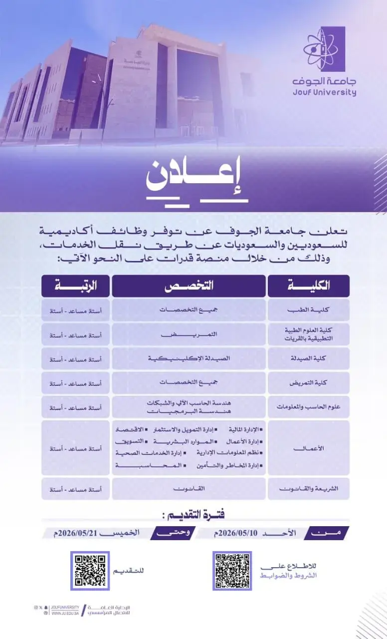 جامعة الجوف تعلن وظائف أكاديمية عبر منصة قدرات بنظام نقل الخدمات