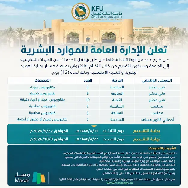 جامعة الملك فيصل تعلن 27 وظيفة إدارية وفنية عن طريق نقل الخدمات عبر منصة مسار
