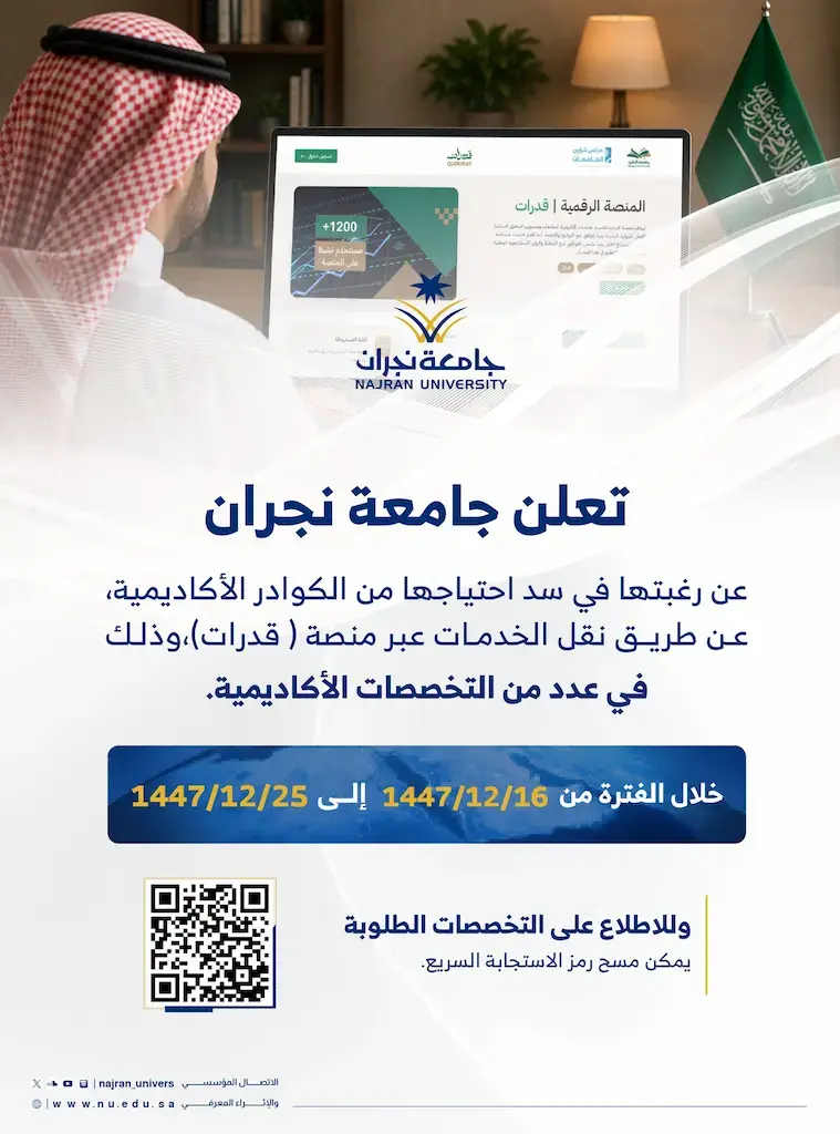 جامعة نجران تعلن وظائف أكاديمية عن طريق نقل الخدمات عبر منصة قدرات