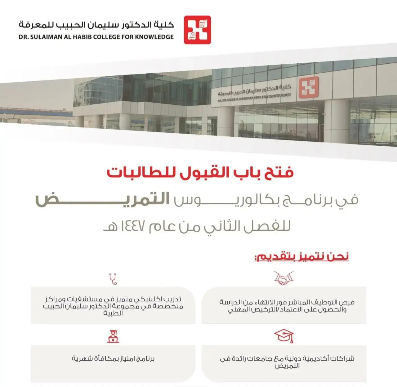 كلية الدكتور سليمان الحبيب تعلن عن فتح القبول في برنامج بكالوريوس التمريض للنساء