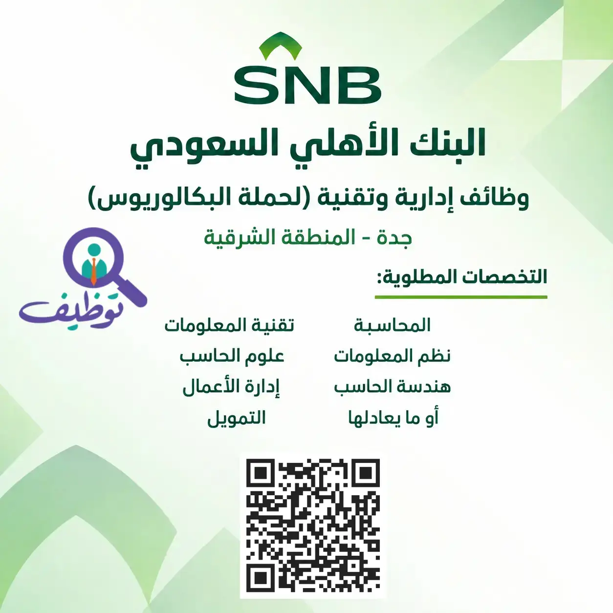 البنك الأهلي السعودي يعلن وظائف إدارية وتقنية لحملة البكالوريوس