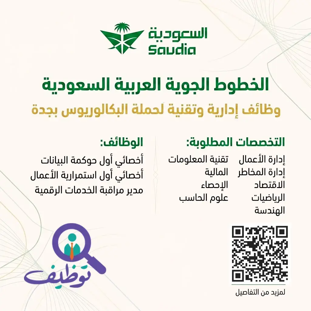 الخطوط السعودية تعلن وظائف إدارية وتقنية شاغرة لحملة البكالوريوس