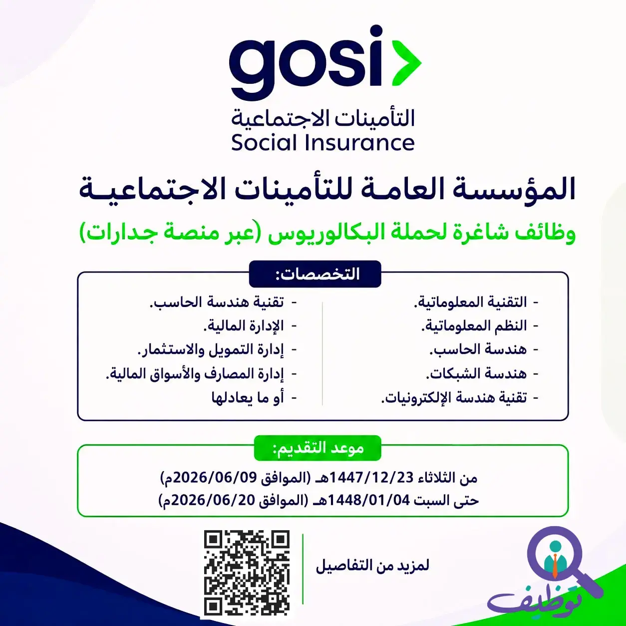 المؤسسة العامة للتأمينات الاجتماعية تعلن وظائف حكومية شاغرة عبر جدارات
