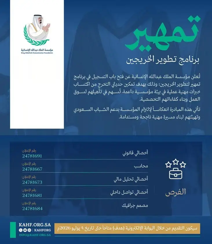 إعلان برامج تطوير الخريجين عبر تمهير في مؤسسة الملك عبدالله الإنسانية 2026