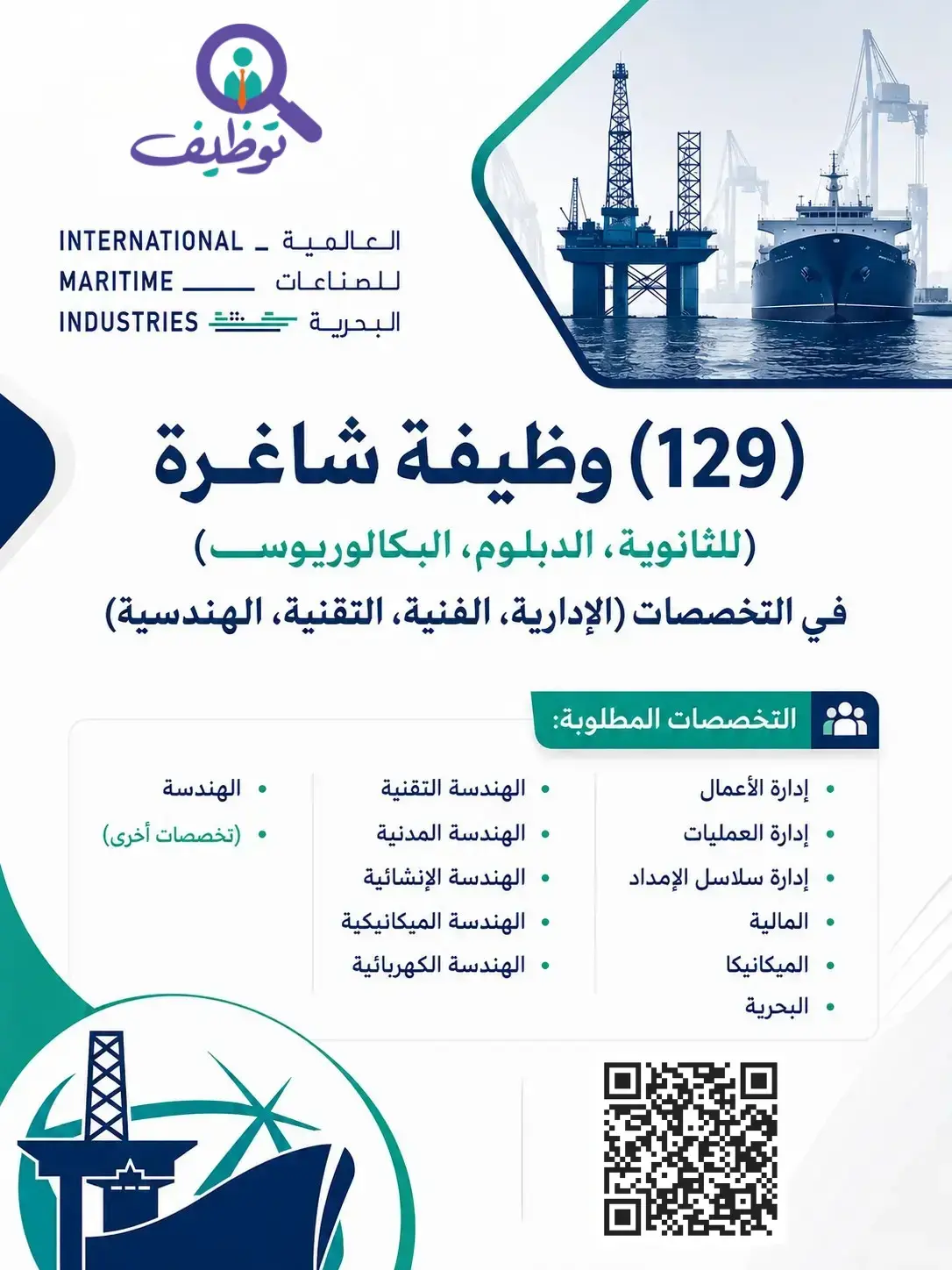 الشركة العالمية للصناعات البحرية تعلن (129) وظيفة شاغرة للرجال والنساء