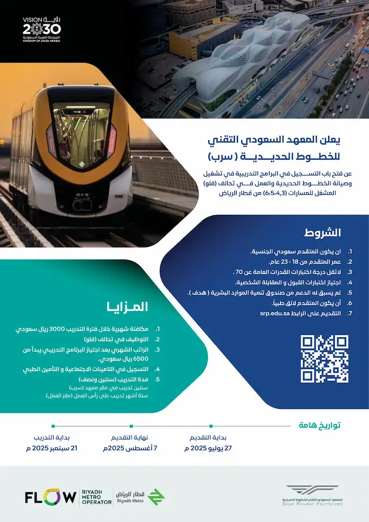 إعلان برنامج تدريب منتهي بالتوظيف في معهد سرب لقطارات الرياض – براتب يبدأ من 6,500 ريال