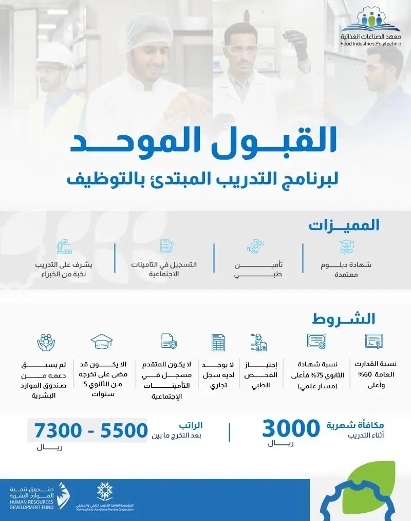 معهد الصناعات الغذائية يعلن دبلوم مبتدئ بالتوظيف براتب يصل إلى 7,300 ريال