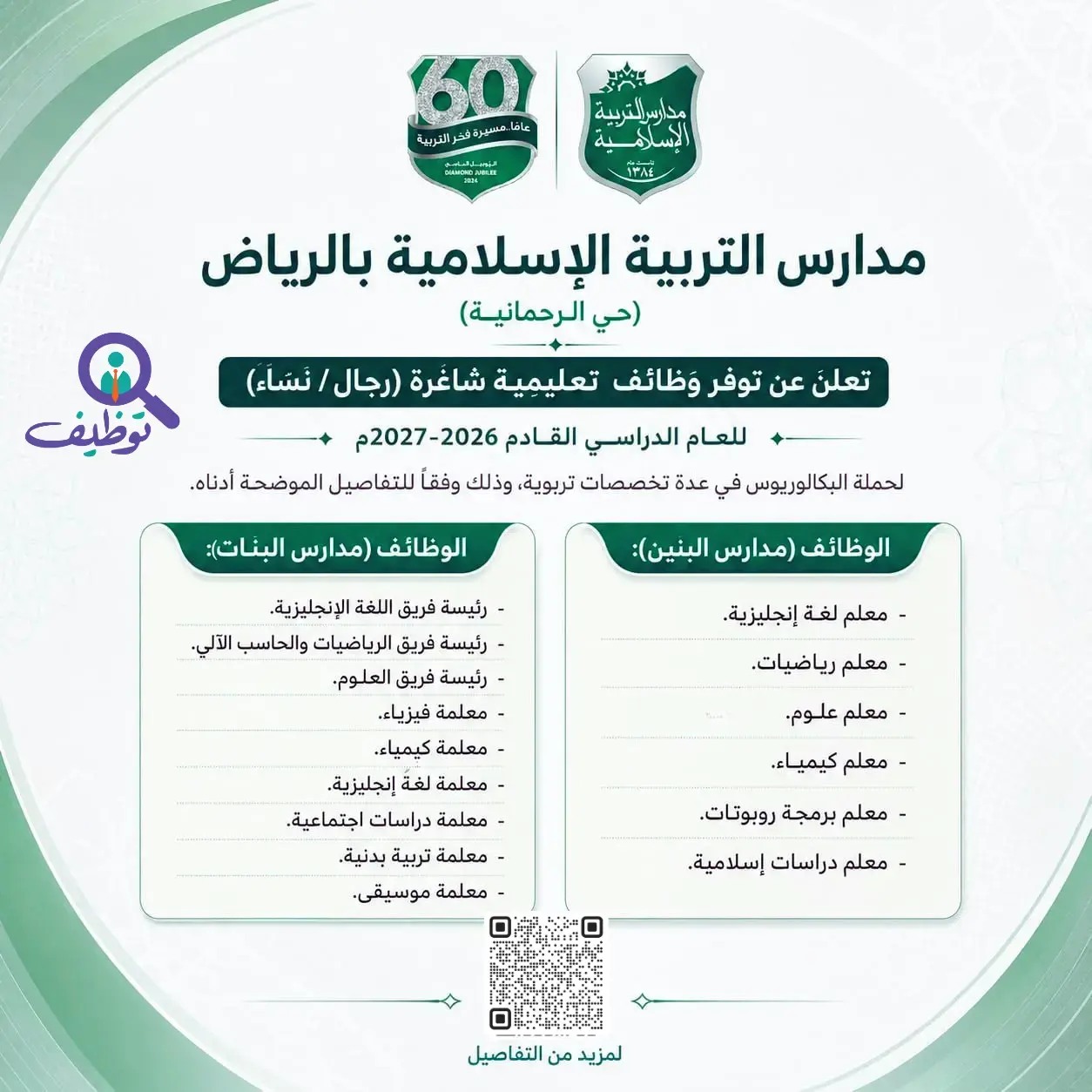 مدارس التربية الإسلامية تعلن 15 وظيفة تعليمية شاغرة للرجال والنساء