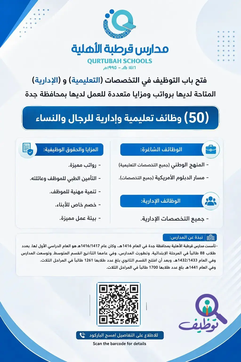مدارس قرطبة الأهلية تعلن (50) وظائف تعليمية وإدارية في مختلف التخصصات