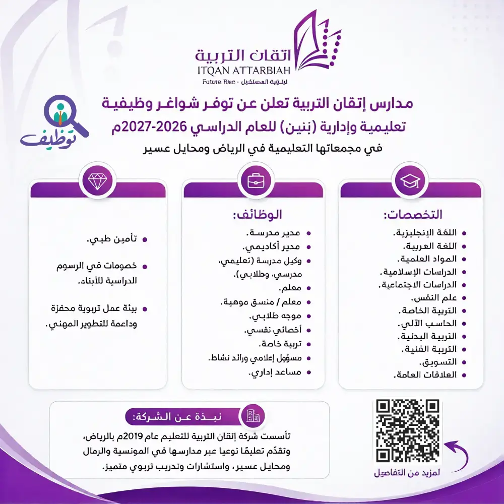مدارس إتقان التربية تعلن 13 وظيفة تعليمية وإدارية شاغرة بالرياض