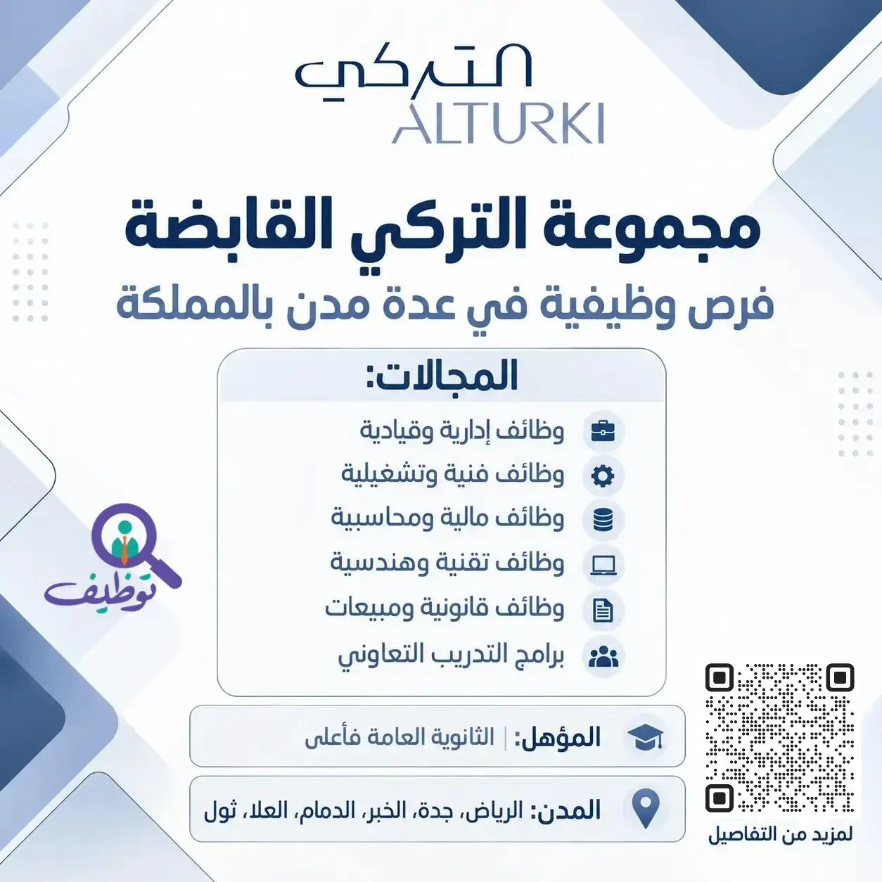 مجموعة التركي القابضة تعلن 23 وظيفة شاغرة لحملة الثانوية العامة فأعلى في عدة مدن بالمملكة
