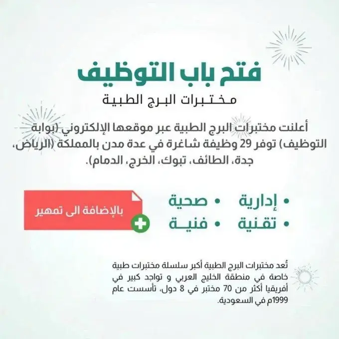 مختبرات البرج الطبية تعلن 31 وظيفة شاغرة لحملة الثانوية فأعلى في عدة مدن