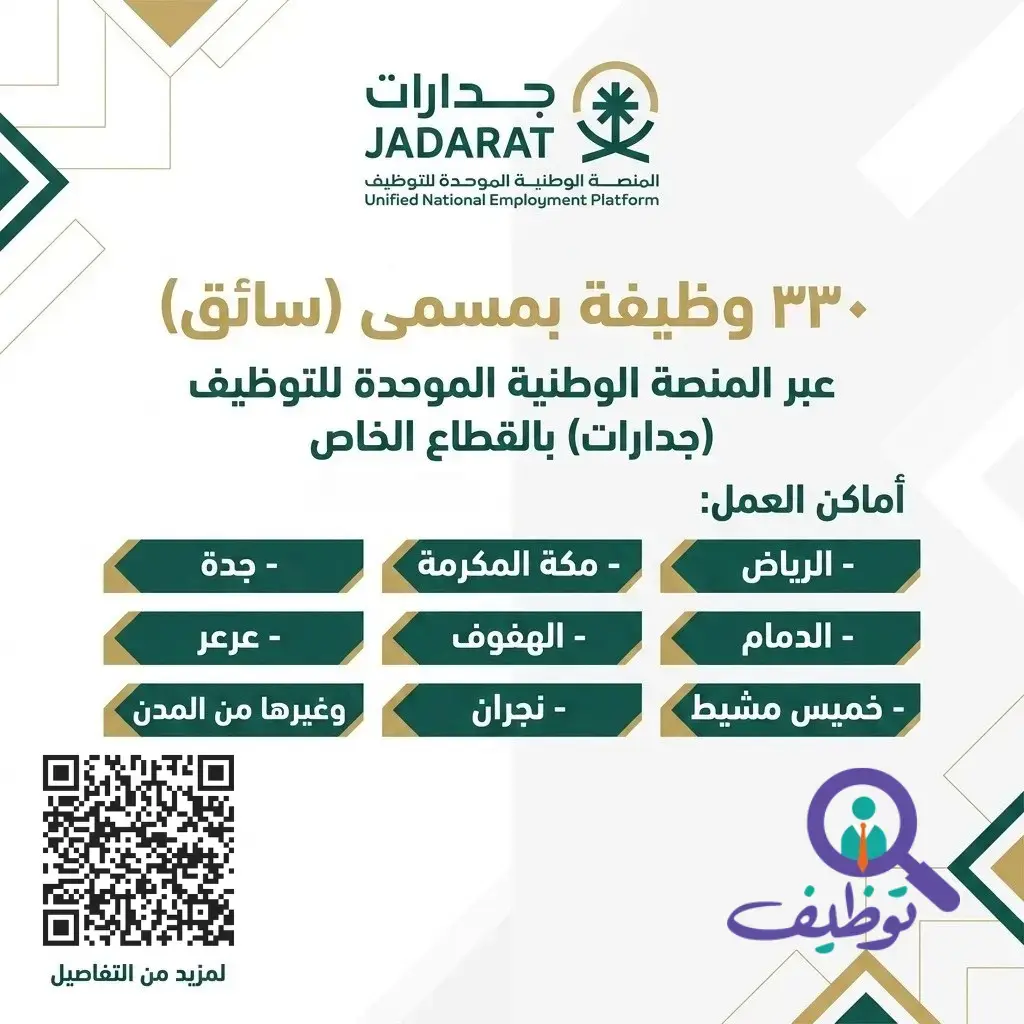 منصة جدارات تعلن 330 وظيفة شاغرة بمسمى (سائق) في عدة مناطق بالمملكة