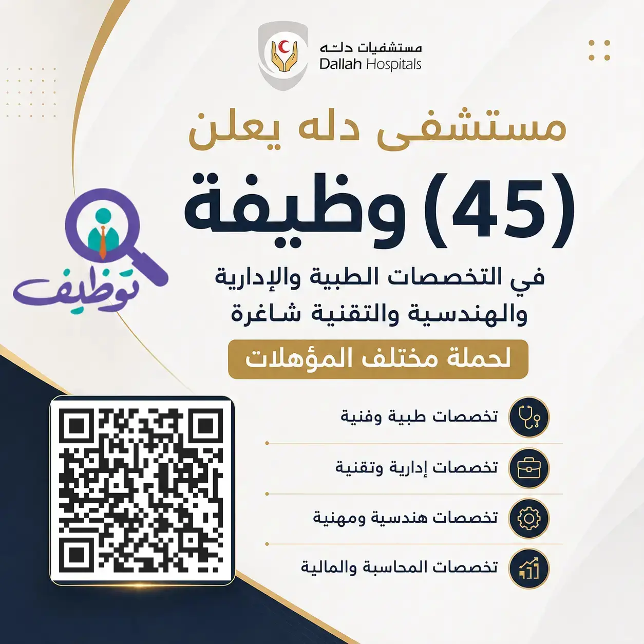 مستشفى دله يعلن (45) وظيفة صحية وإدارية شاغرة لحملة مختلف المؤهلات