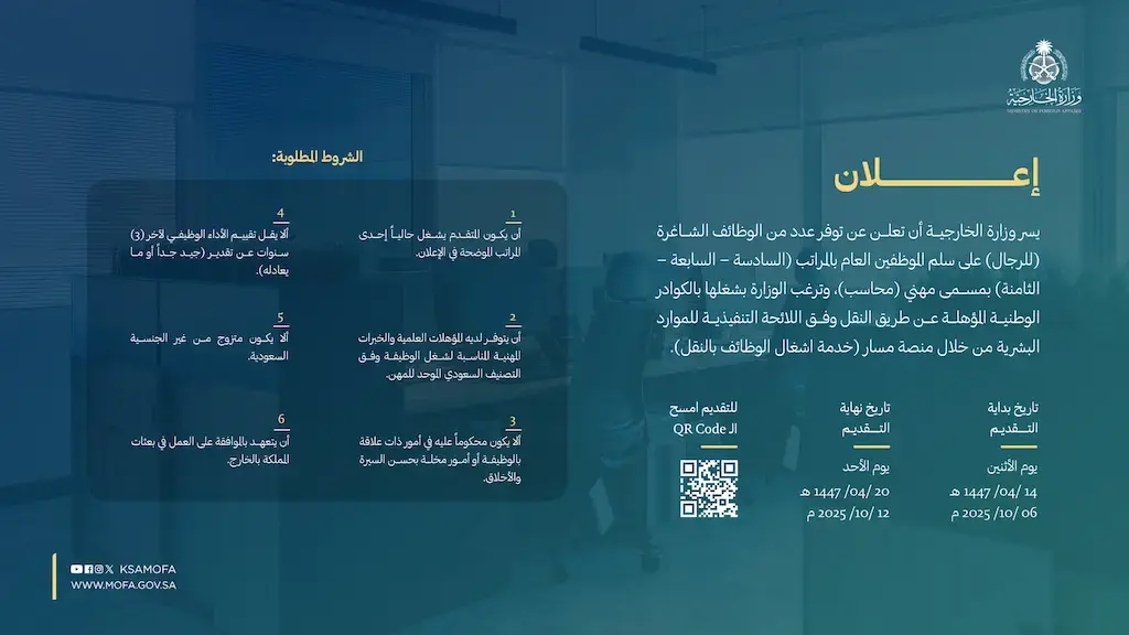 وزارة الخارجية تعلن وظائف محاسبين (مراتب 6-8) عبر منصة مسار