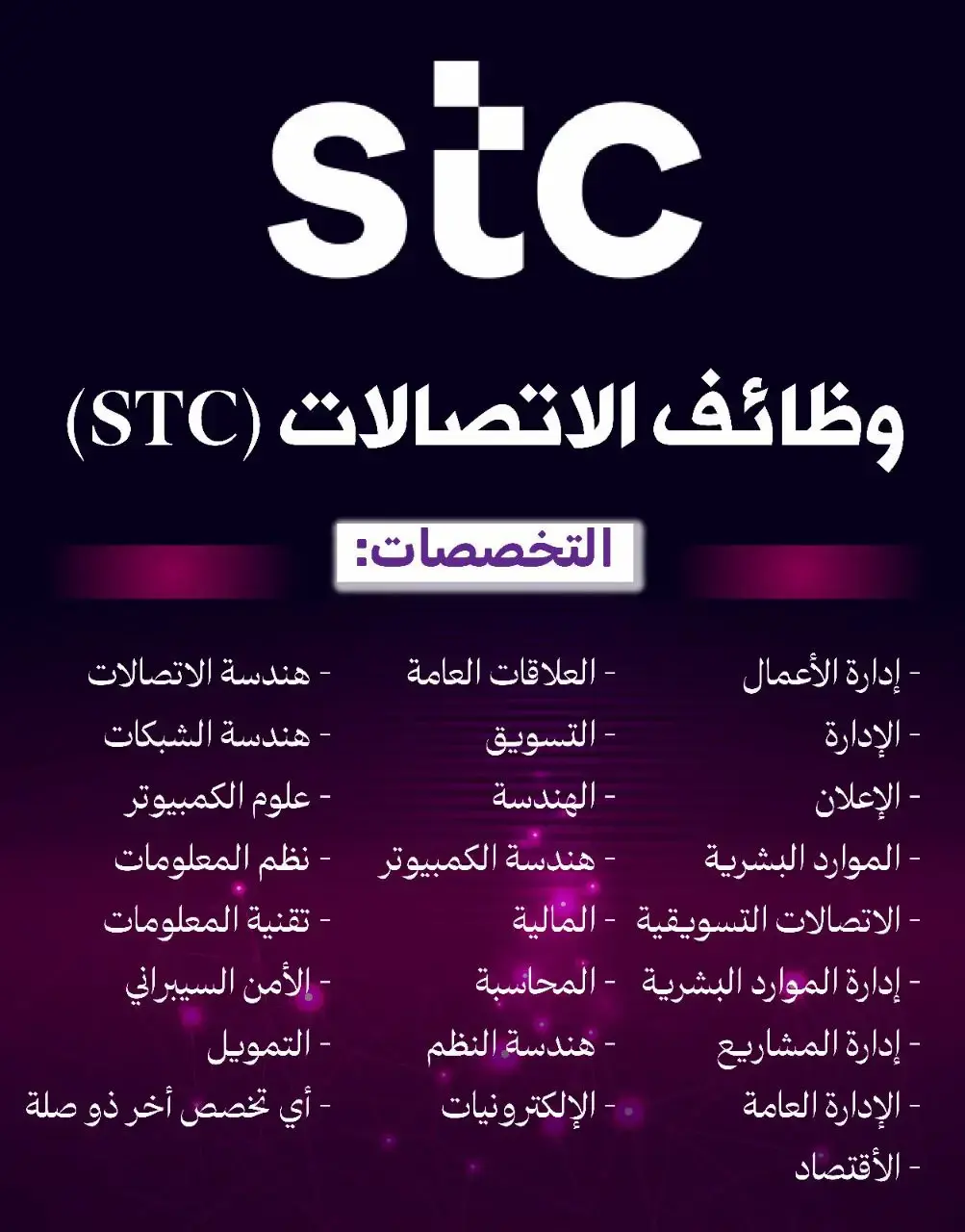 شركة الاتصالات السعودية (STC) تعلن 3 وظائف شاغرة لحديثي التخرج