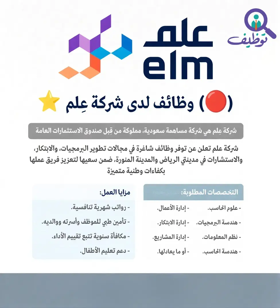 شركة علم تعلن (5) وظائف تقنية شاغرة لحملة البكالوريوس فأعلى