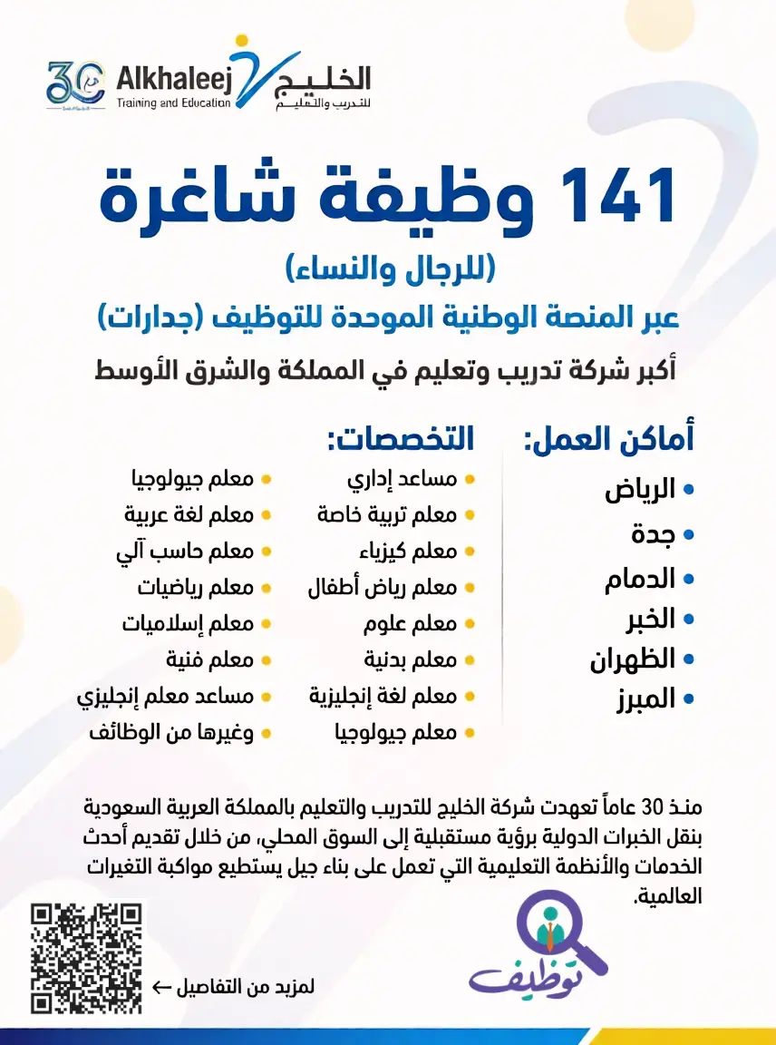 شركة الخليج للتدريب تعلن 141 وظيفة تعليمية شاغرة برواتب 5,150 ريال