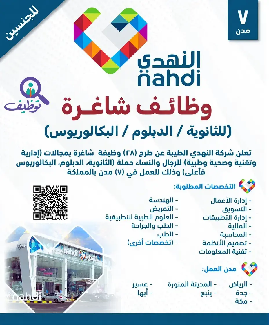شركة النهدي الطبية تعلن 28 وظيفة شاغرة لحملة الثانوية فأعلى