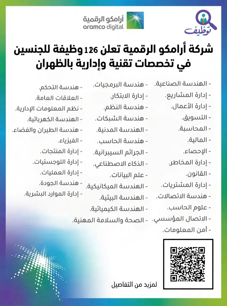 شركة أرامكو الرقمية تعلن (126) وظيفة تقنية وإدارية وهندسية للجنسين في الظهران