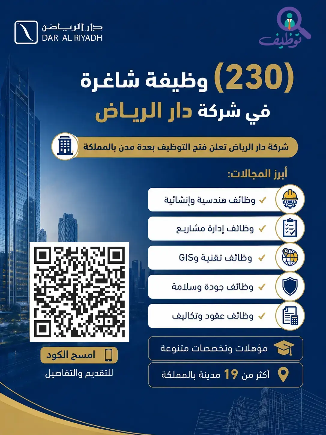 شركة دار الرياض تعلن (230) وظيفة هندسية وإدارية شاغرة للرجال والنساء