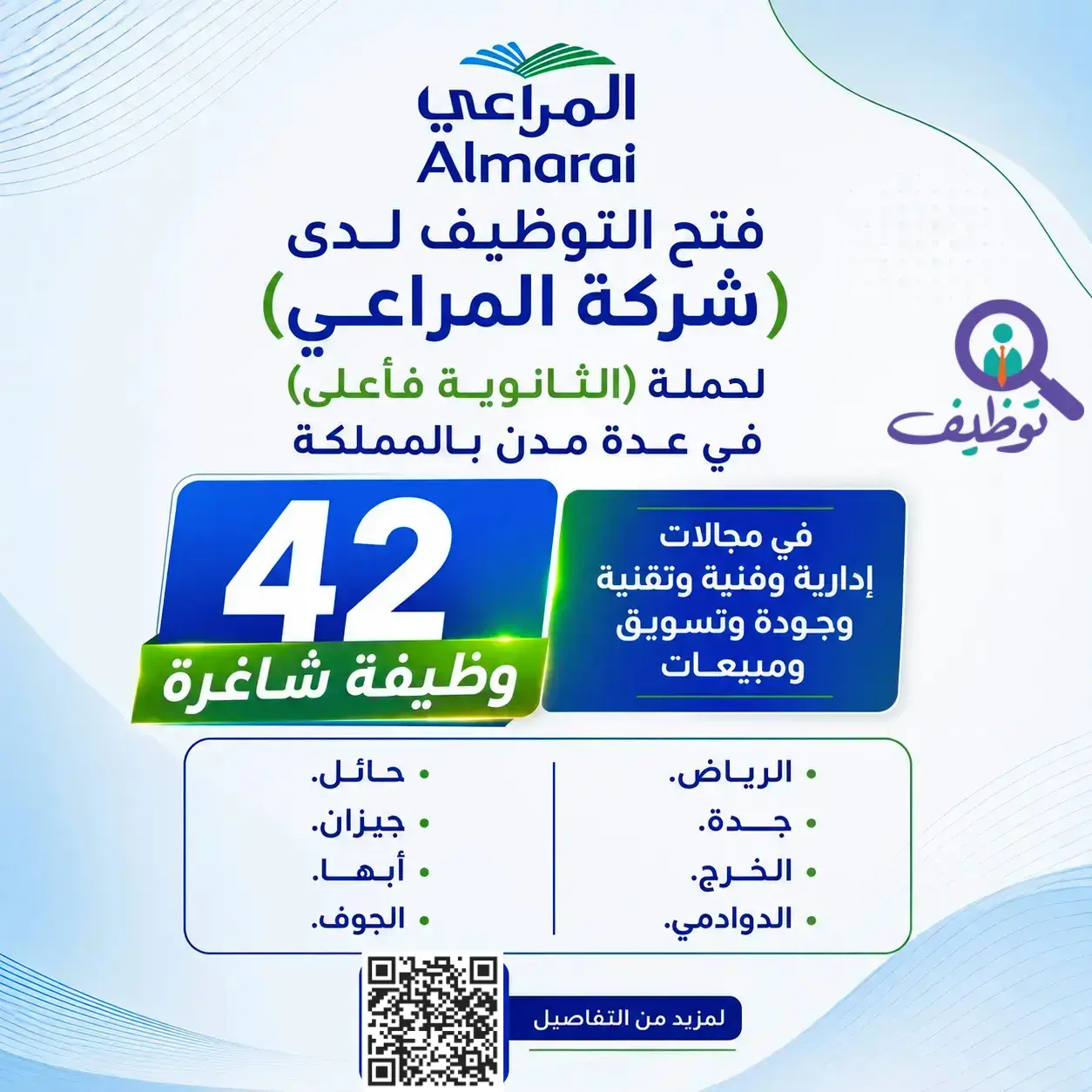 شركة المراعي تعلن (42) وظيفة إدارية وفنية شاغرة للرجال والنساء