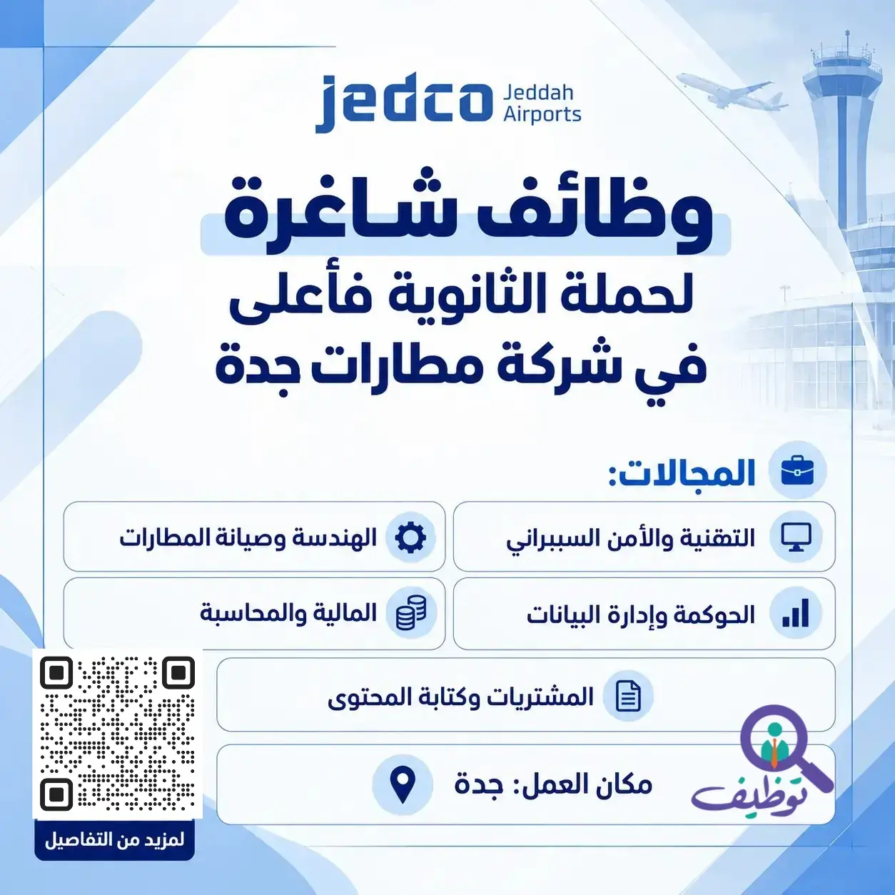 شركة مطارات جدة تعلن عن 10 وظائف شاغرة للرجال والنساء من حملة المؤهلات الجامعية بمدينة جدة