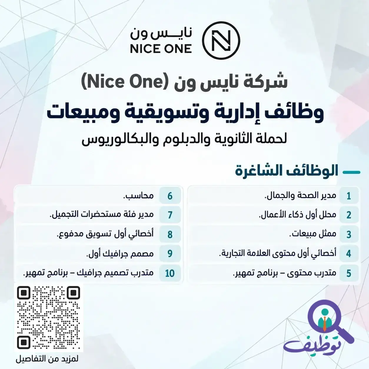 شركة نايس ون تعلن 10 وظائف إدارية وتسويقية ومبيعات وفرص تدريبية لحملة الثانوية فأعلى