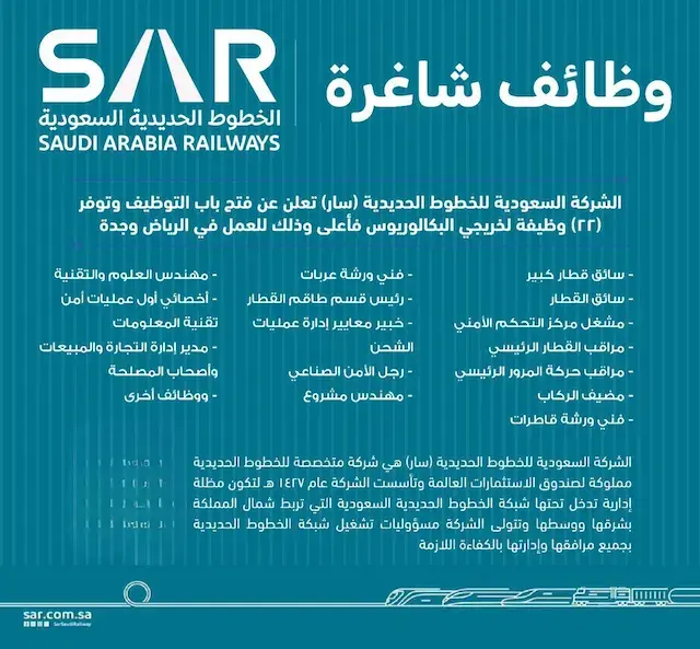 شركة سار تعلن عن 7 وظائف لحملة الدبلوم فأعلى بدون خبرة في عدة مناطق 2025