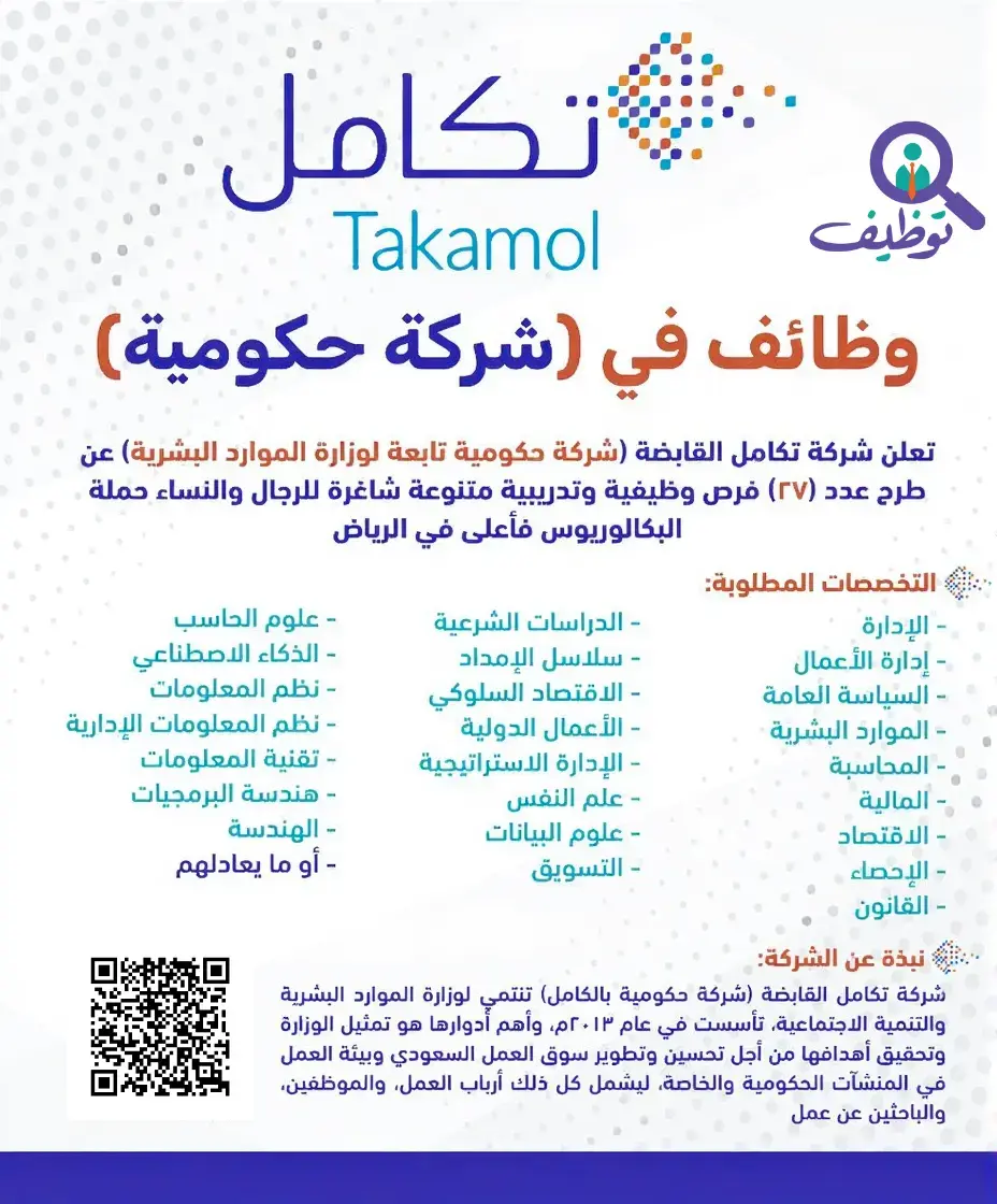 شركة تكامل القابضة توفر 36 وظيفة شاغرة للرجال والنساء بالرياض