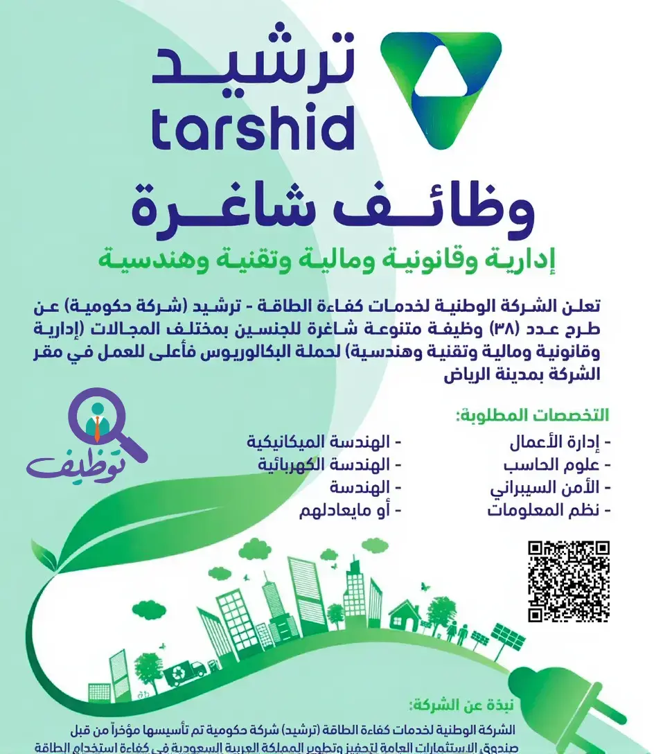شركة ترشيد تعلن (38) وظيفة حكومية شاغرة للرجال والنساء بالرياض
